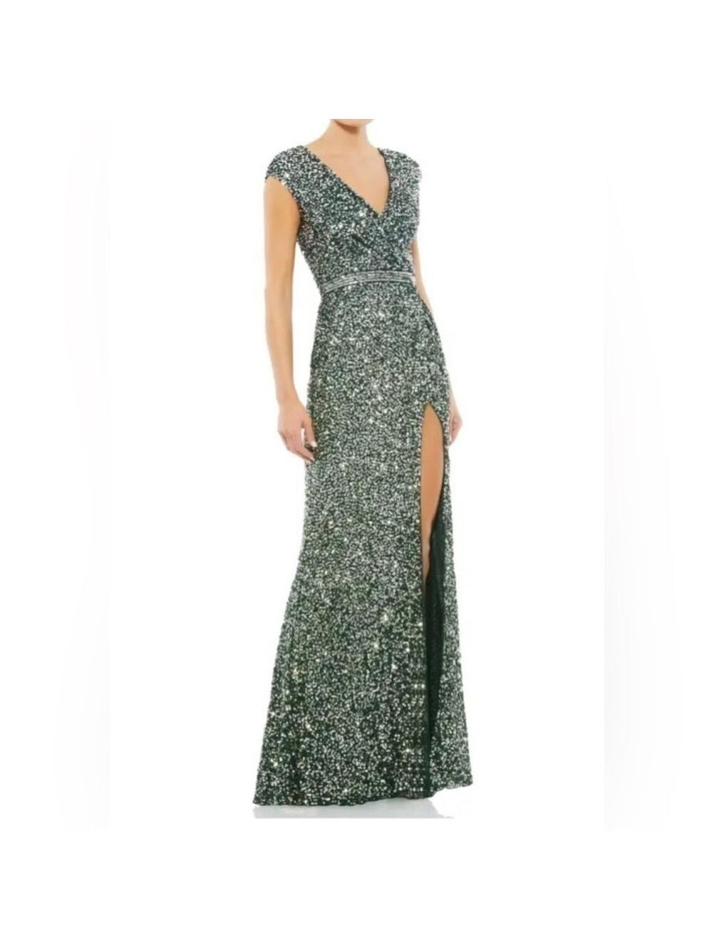 Nwt Mac Duggal Cap Sleeve Sequined High Slit Gown in Forest Green